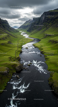 Winding River through a Green Valley at Sunset
