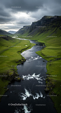 Winding River through a Green Valley at Sunset