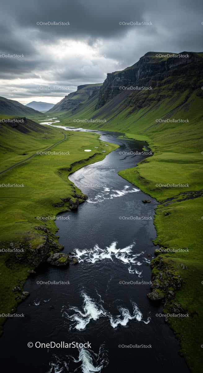 Winding River through a Green Valley at Sunset