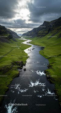 Winding River Through Lush Green Valley and Dramatic Skies