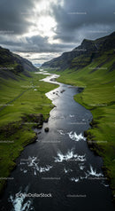 Winding River through a Green Valley at Sunset