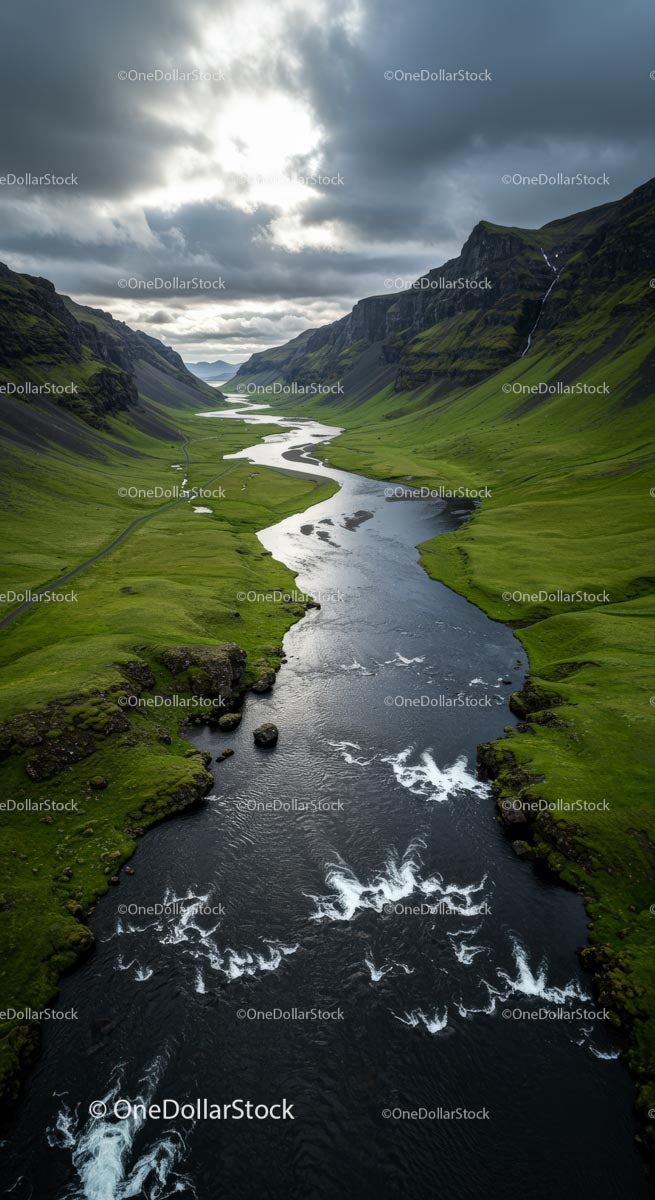 Winding River through a Green Valley at Sunset