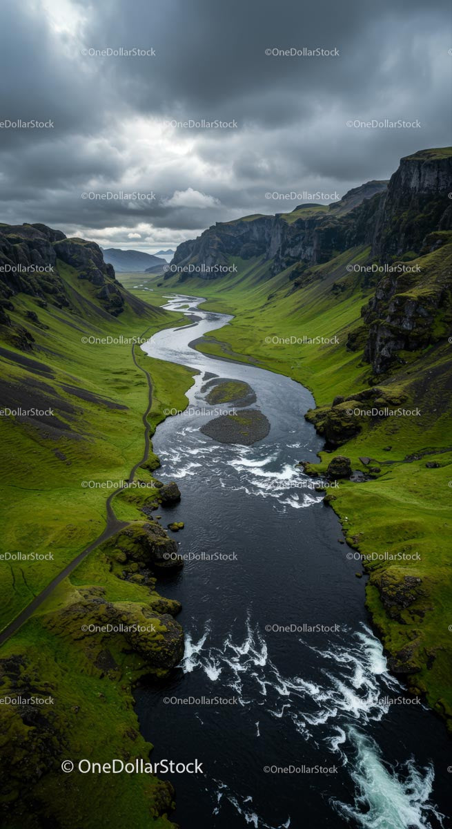 Winding River through a Green Valley at Sunset