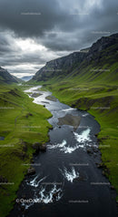 Winding River through a Green Valley at Sunset