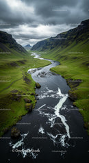 Winding River through a Green Valley at Sunset