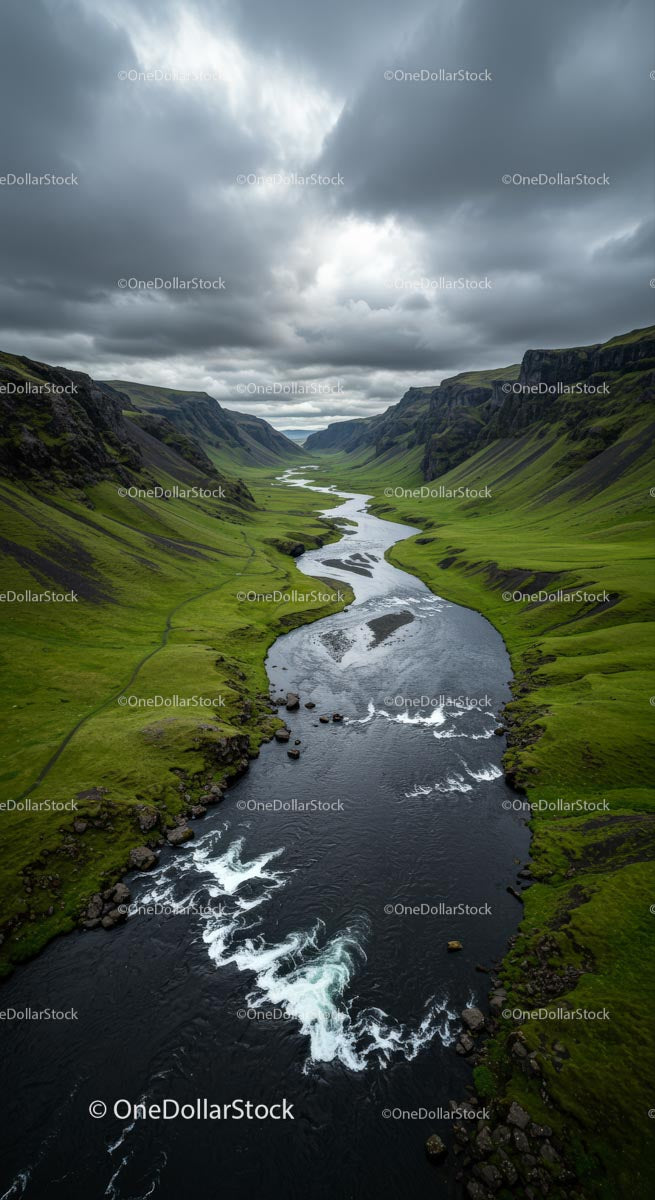 Winding River through a Green Valley at Sunset