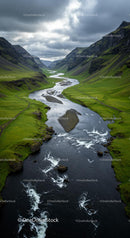 Winding River through a Green Valley at Sunset