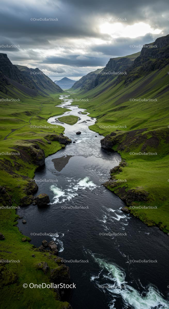 Winding River through a Green Valley at Sunset
