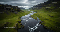 Majestic River Valley with Lush Green Hills and Dramatic Skies