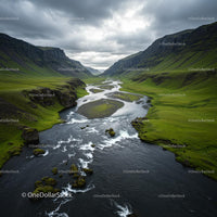 Dramatic Green Valley with Winding River and Clouds