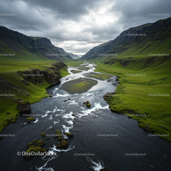 Dramatic Green Valley with Winding River and Clouds