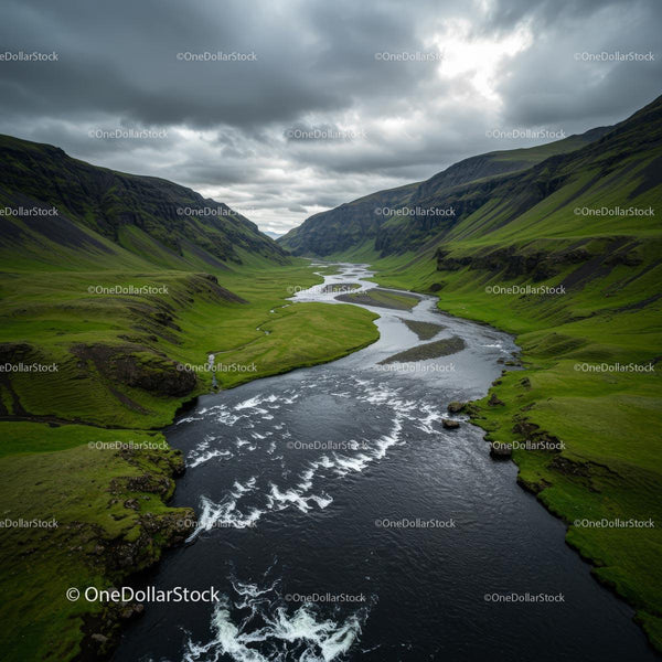 Scenic River Flowing Through Lush Green Valleys