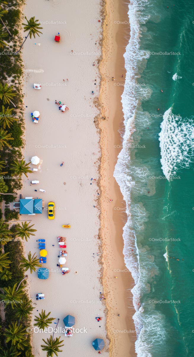 Aerial View of Sandy Beach with Palm Trees and Ocean Waves