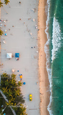 Aerial View of Tropical Beach with Palm Trees and Yellow Car
