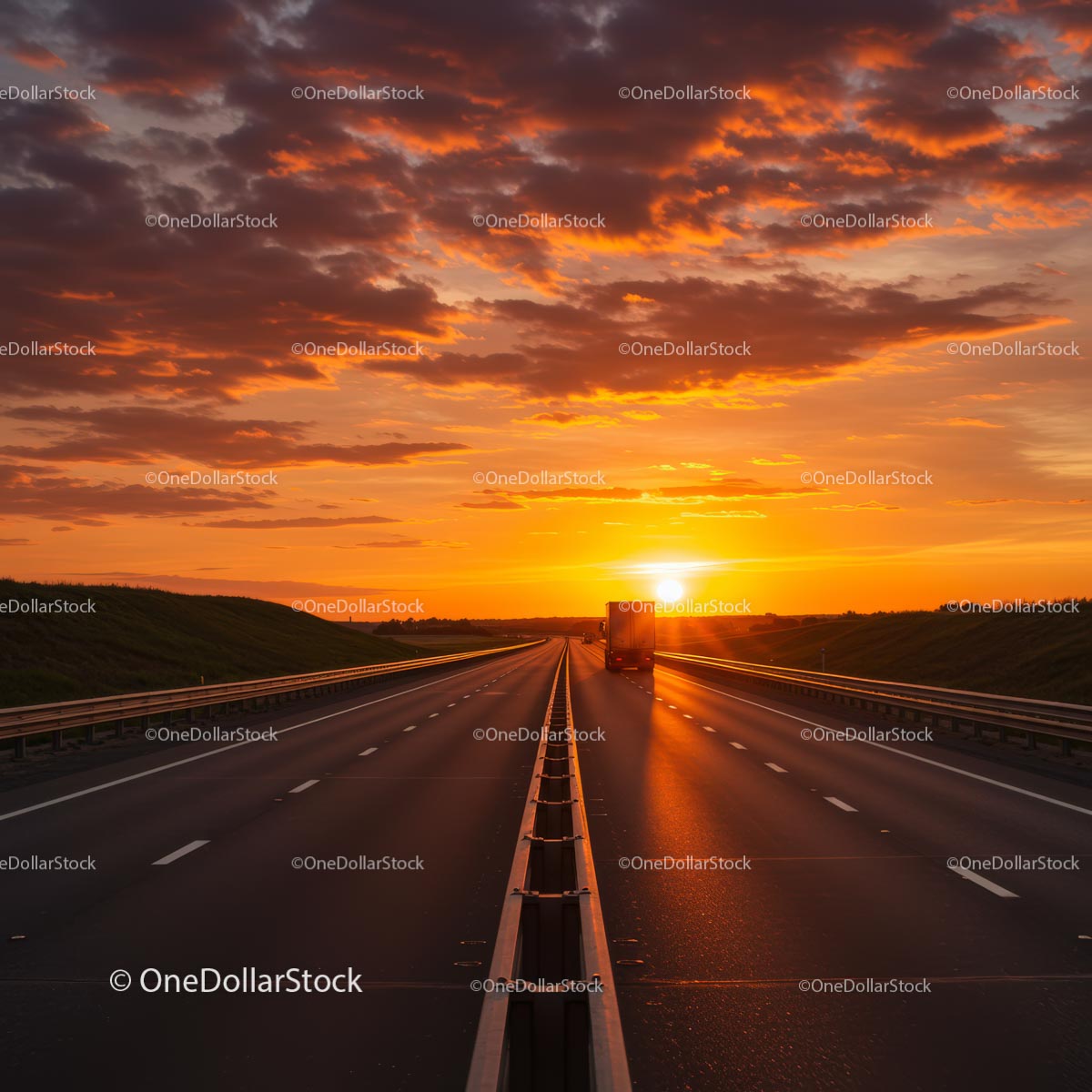 Vibrant Sunset on a Tranquil Highway with Open Road