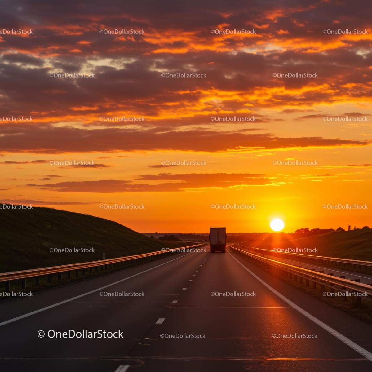 Truck on a Highway During Vibrant Orange Sunset