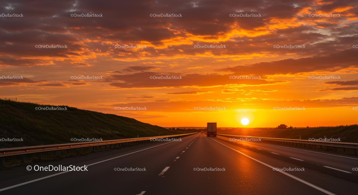 Majestic Sunset over Open Highway with Truck