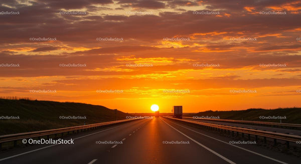 Sunset Over an Open Highway with Orange Skies