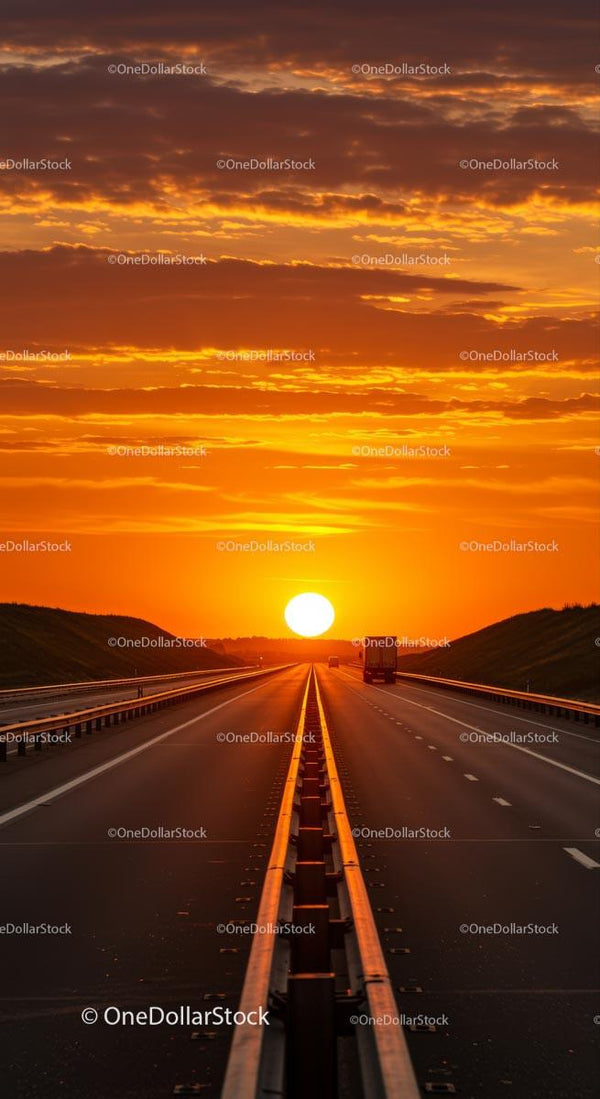 Scenic Highway at Sunset with Vibrant Orange Sky