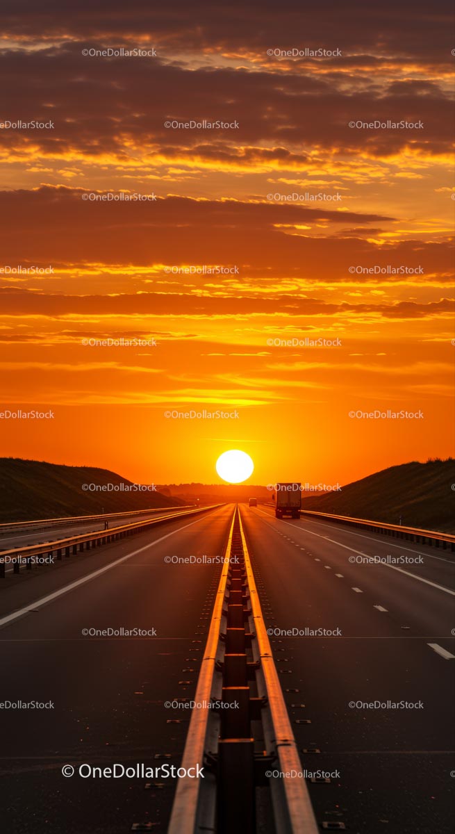 Scenic Highway at Sunset with Vibrant Orange Sky