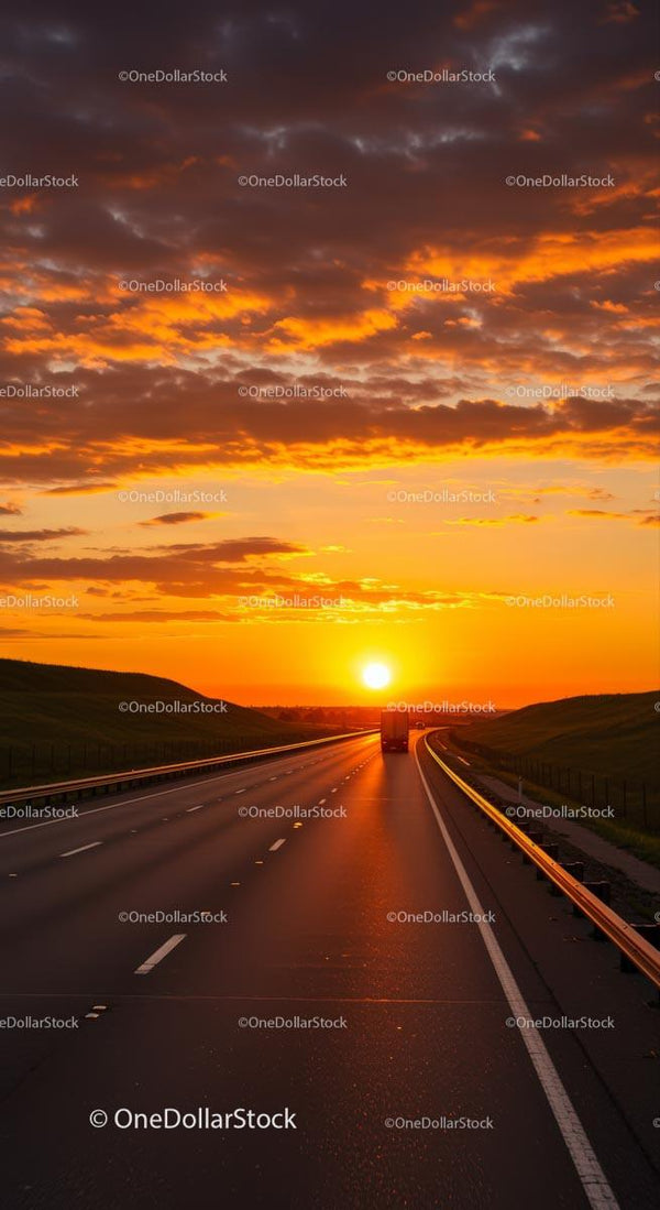 Highway at Sunset with Vibrant Orange Sky