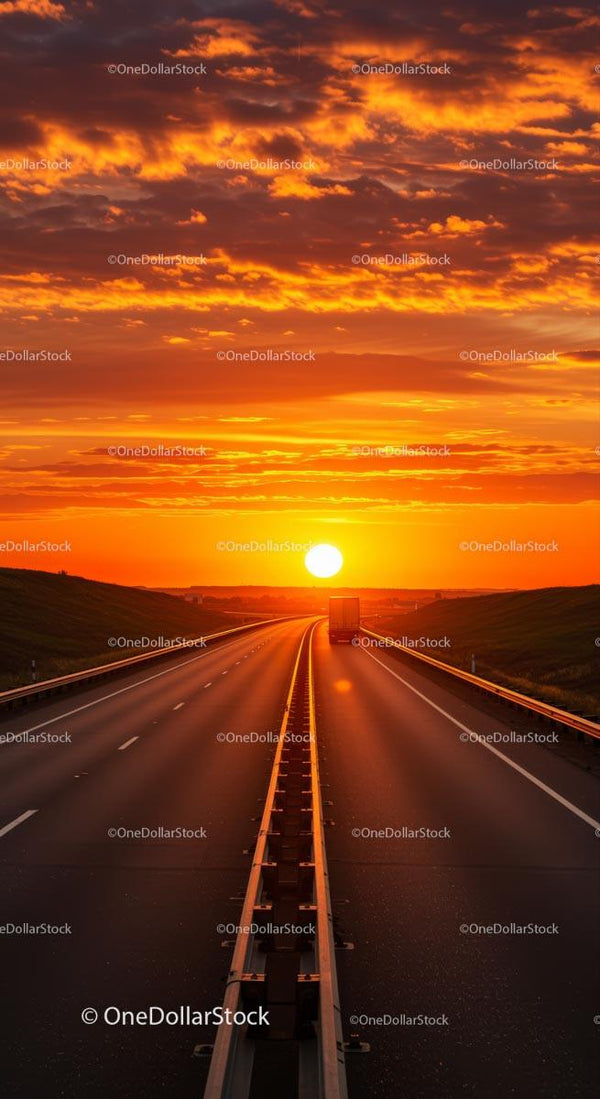 Sunset Over Open Highway with Vibrant Orange Sky