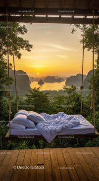 Swinging Bed Overlooking Tropical Sunrise Scene