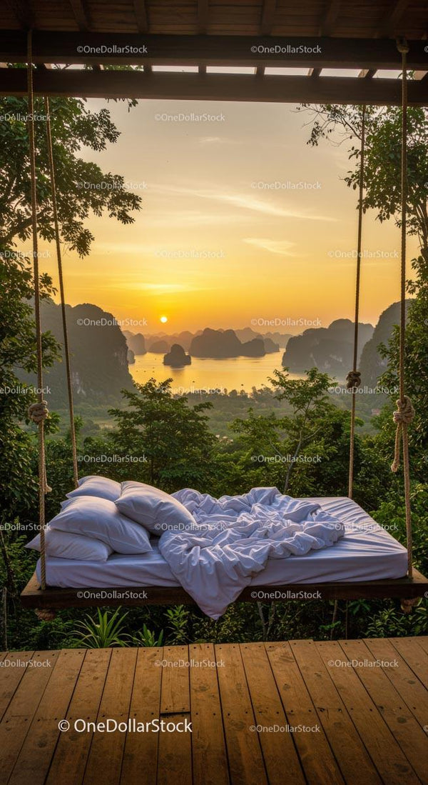 Swinging Bed Overlooking Tropical Sunrise Scene