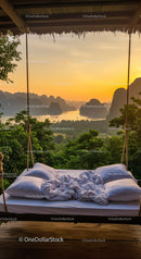 Sunrise Over Tropical Mountains with Cozy Swing Bed