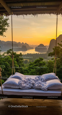 Sunrise Over Tropical Mountains with Cozy Swing Bed