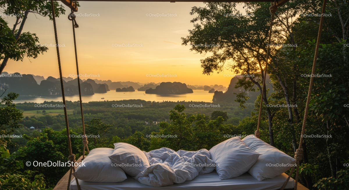 Scenic Sunrise Over Tropical Islands and Lush Forest