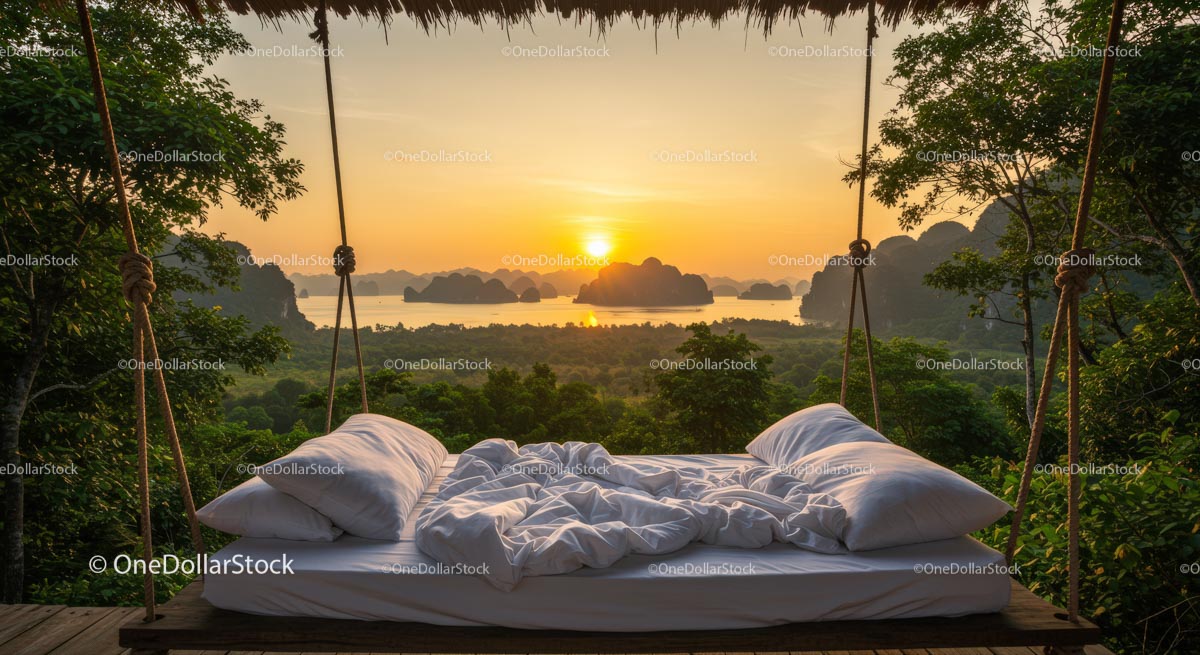Tropical Hammock Bed at Sunset in Exotic Paradise
