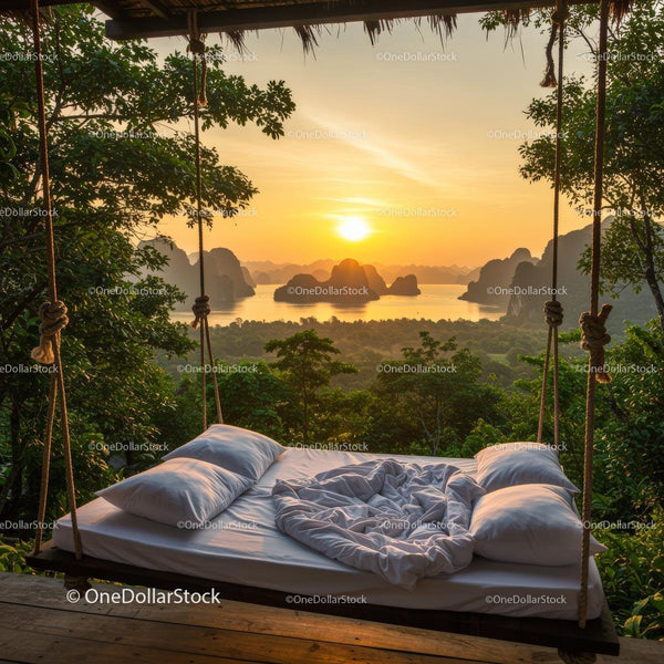 Hanging Bed Overlooking Sunrise in Tropical Jungle Retreat