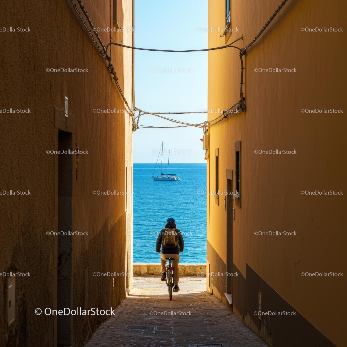Bicyclist Exploring Narrow Alley Leading to Ocean View