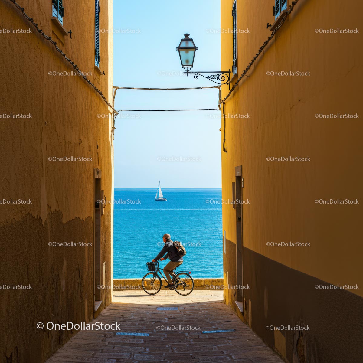 Cyclist in Narrow Alley with Stunning Ocean View