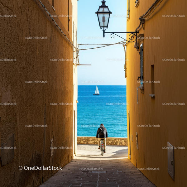 Cyclist Riding through Vibrant Alley towards the Ocean