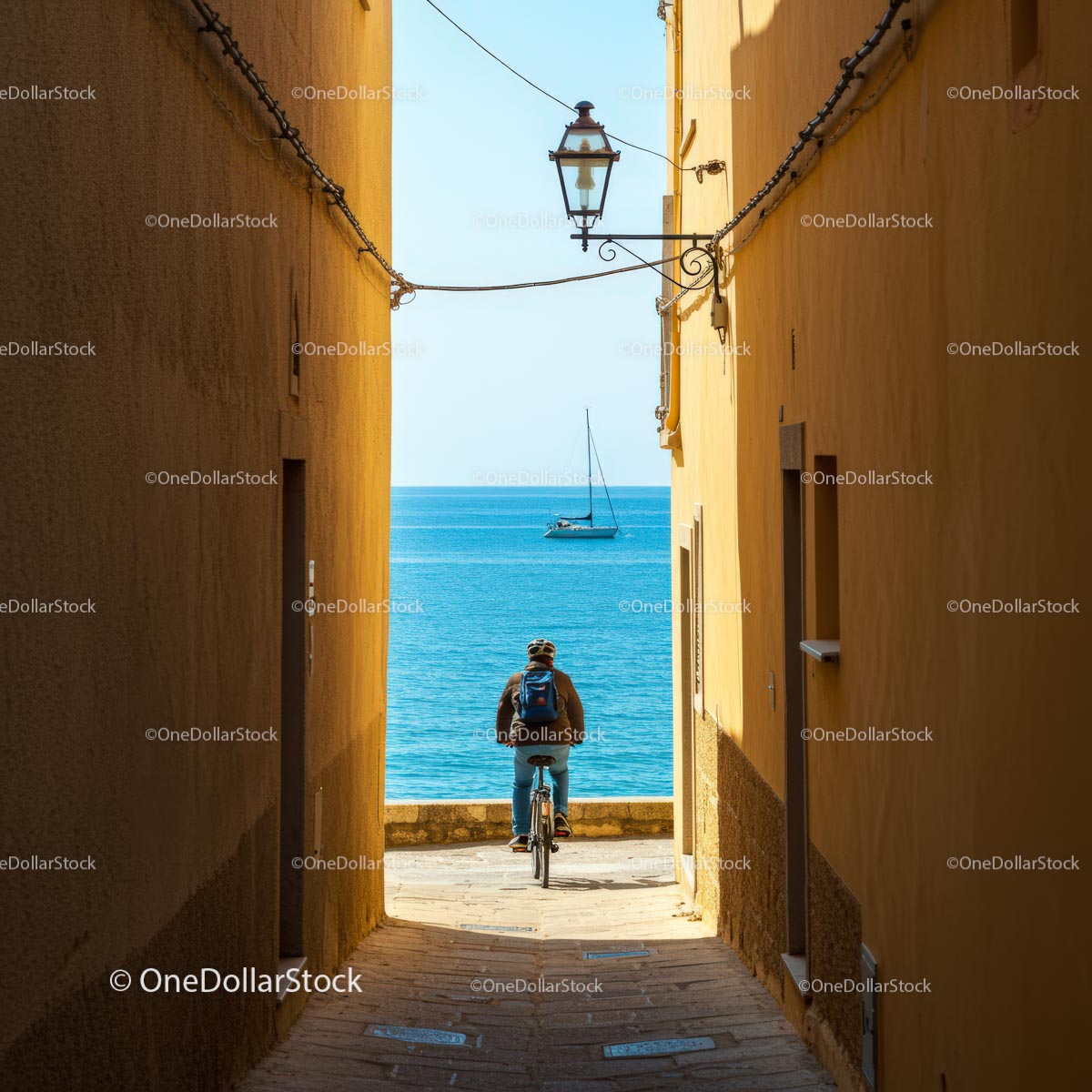 Cyclist Riding Through a Sunny Seaside Alley