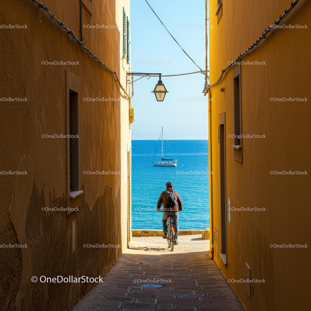 Cyclist Enjoying a Serene Coastal Alleyway View