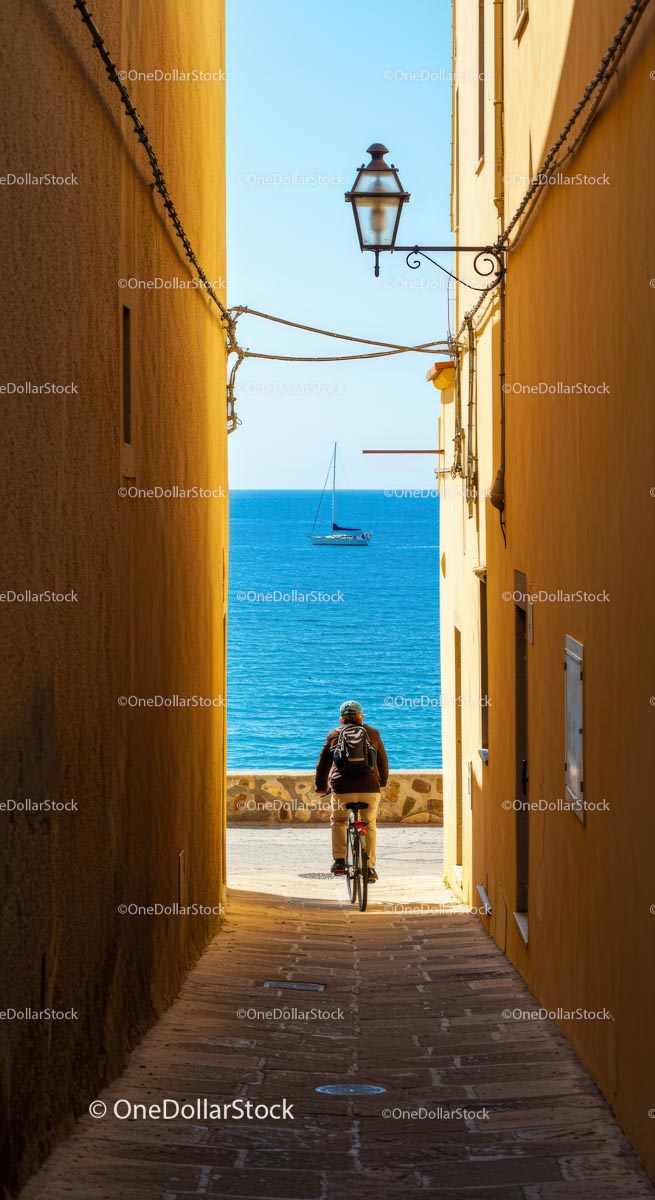 Cyclist in a Coastal Alley with Sea and Sailboat View