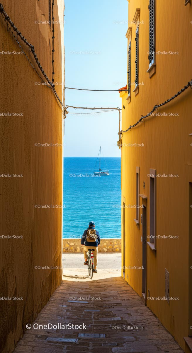 Cyclist Riding Through Narrow Alley with Sea View