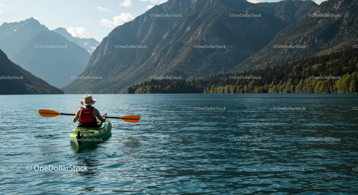 Kayaker in Scenic Mountain Lake Surrounded by Majestic Peaks