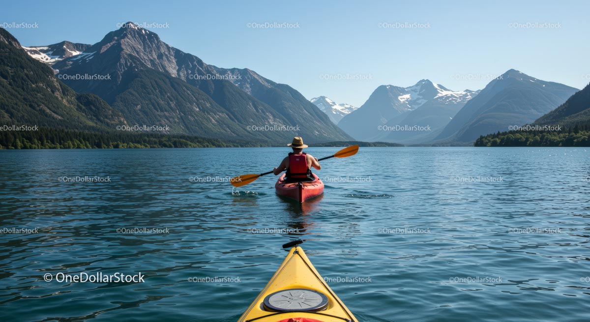 Kayaker on Serene Mountain Lake with Stunning Peaks