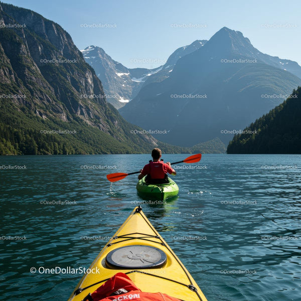 Kayaking Adventure on Mountain Lake in Summer