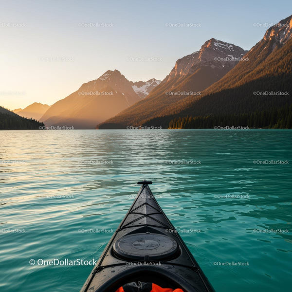 Kayaking on a Serene Lake at Sunset with Mountain Backdrop