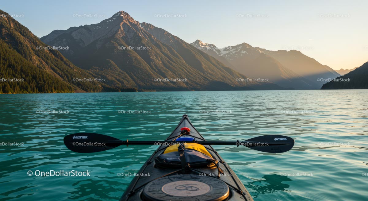 Kayaking Adventure on Alpine Mountain Lake at Sunrise