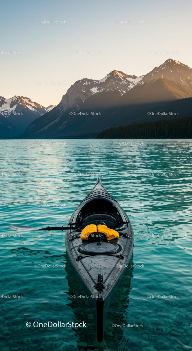 Kayak Floating on Serene Mountain Lake at Sunset