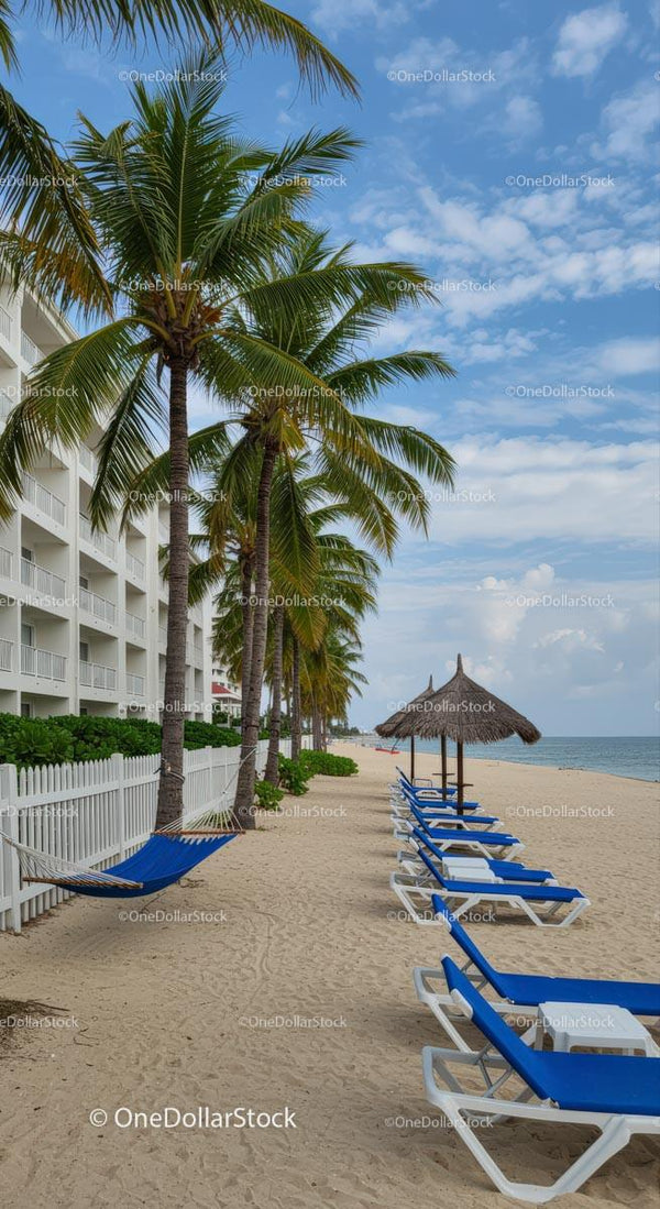 Tropical Beach Resort with Palm Trees and Hammocks