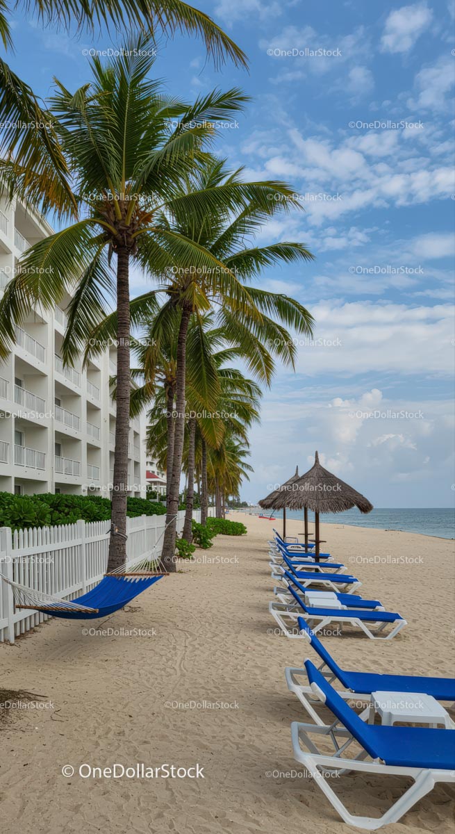 Tropical Beach Resort with Palm Trees and Hammocks