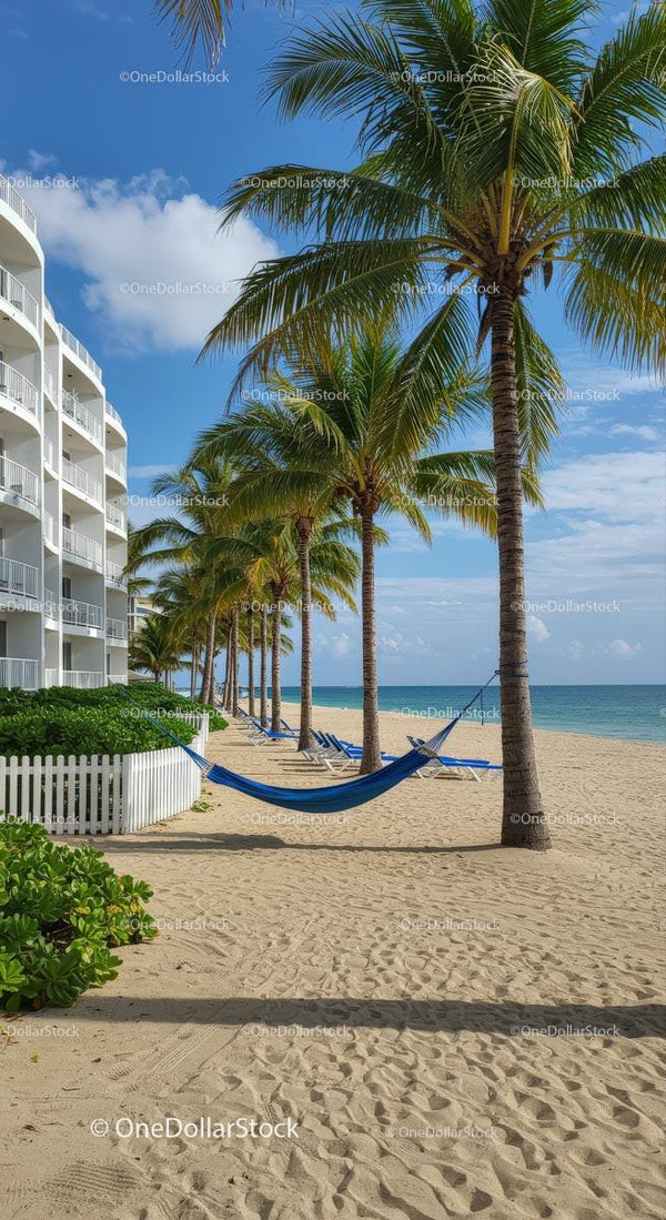 Tropical Palm-Lined Beachfront with Hammocks
