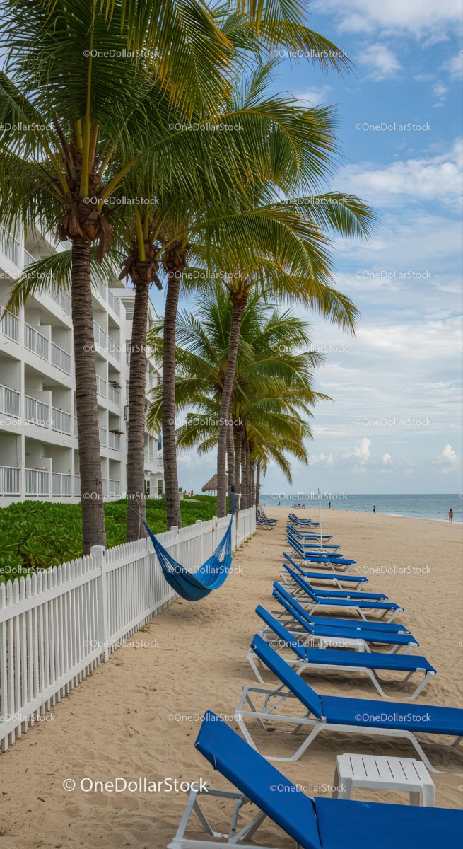Sunny Tropical Beach with Palm Trees and Lounge Chairs
